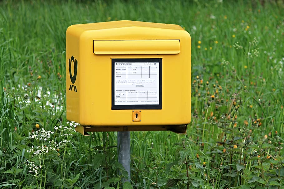 yellow mail box, mailbox, post, letter boxes, postage promotion, rural, meadow, throw a, deutsche post, germany