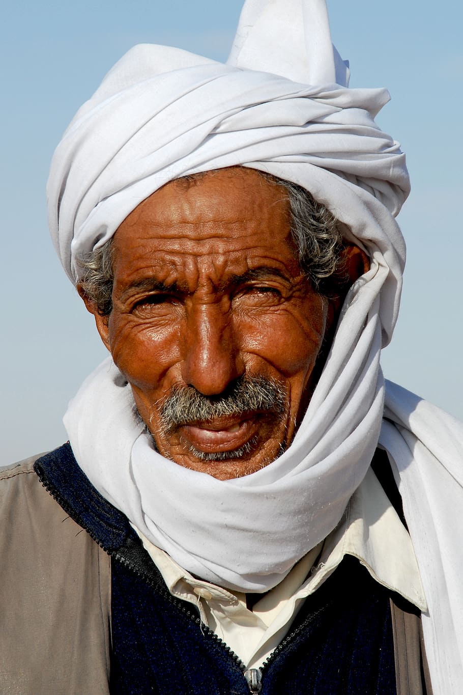 Túnez, nómada, beduino, retrato, cara, sombreros, turbante, doble, viejo, una persona