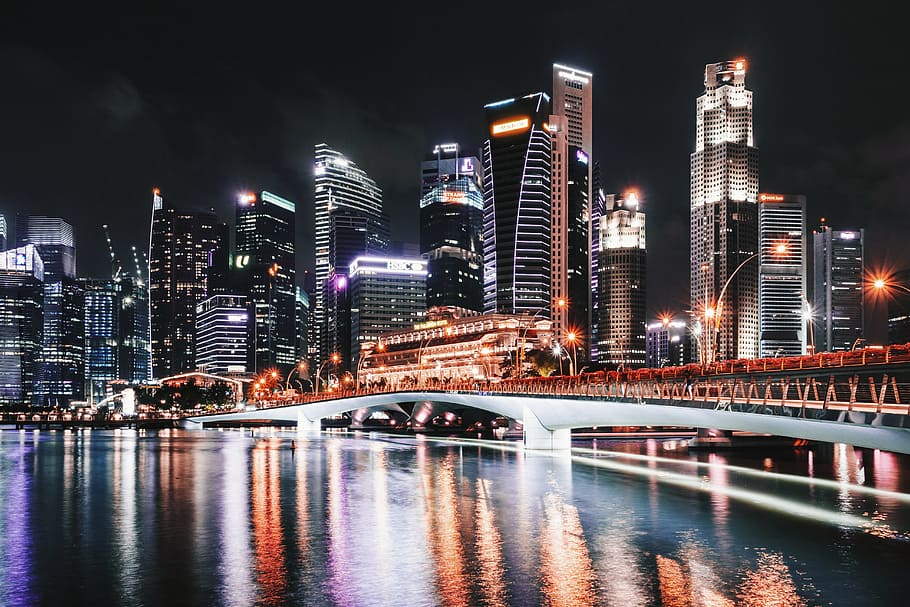 bridge, body, water, city, building, night, time, singapore, buildings, infrastructure