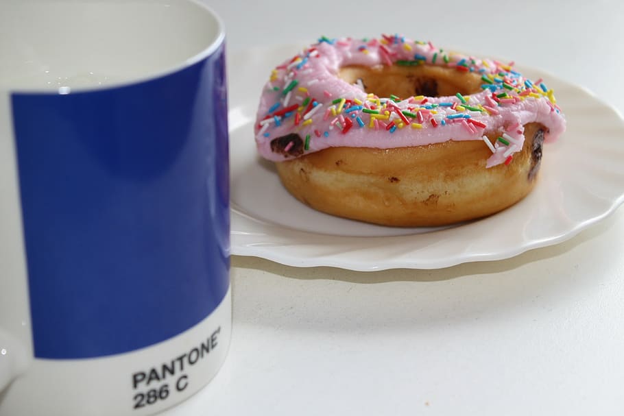white, blue, ceramic, mug, breakfast, cup, food, caffeine, donut, coffee