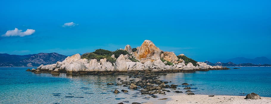 ilha do rock, cercado, agua, beira-mar, foto, mar, oceano, azul, ilha, pedras