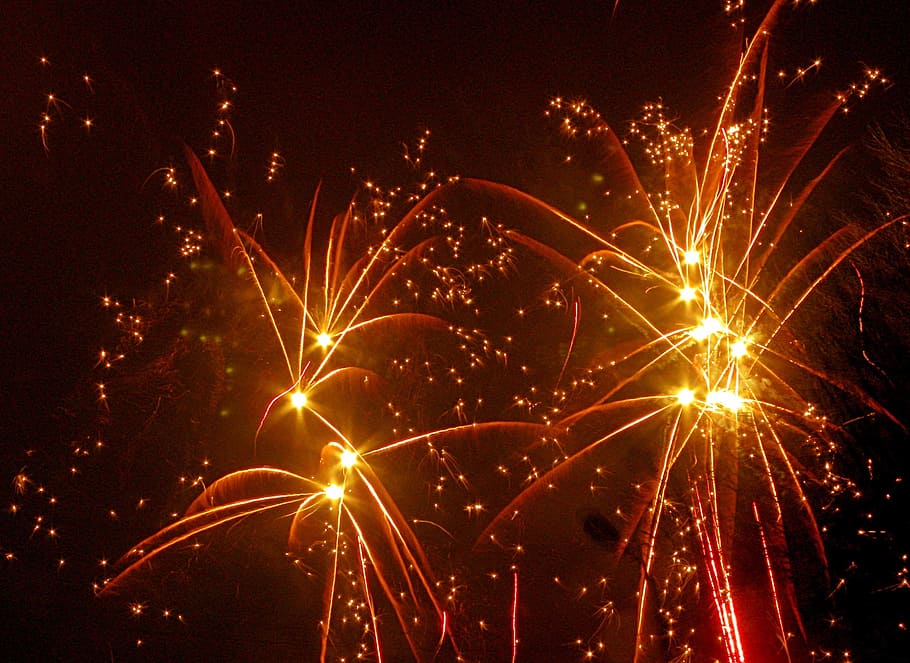 fuegos artificiales, víspera de año nuevo, petardos, vista previa, incendios, chispas, día de año nuevo, noche, celebración, iluminado