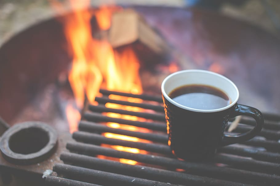 coffee, cup, black, steel griller, ceramic, mug, fire, pit, grill, bonfire