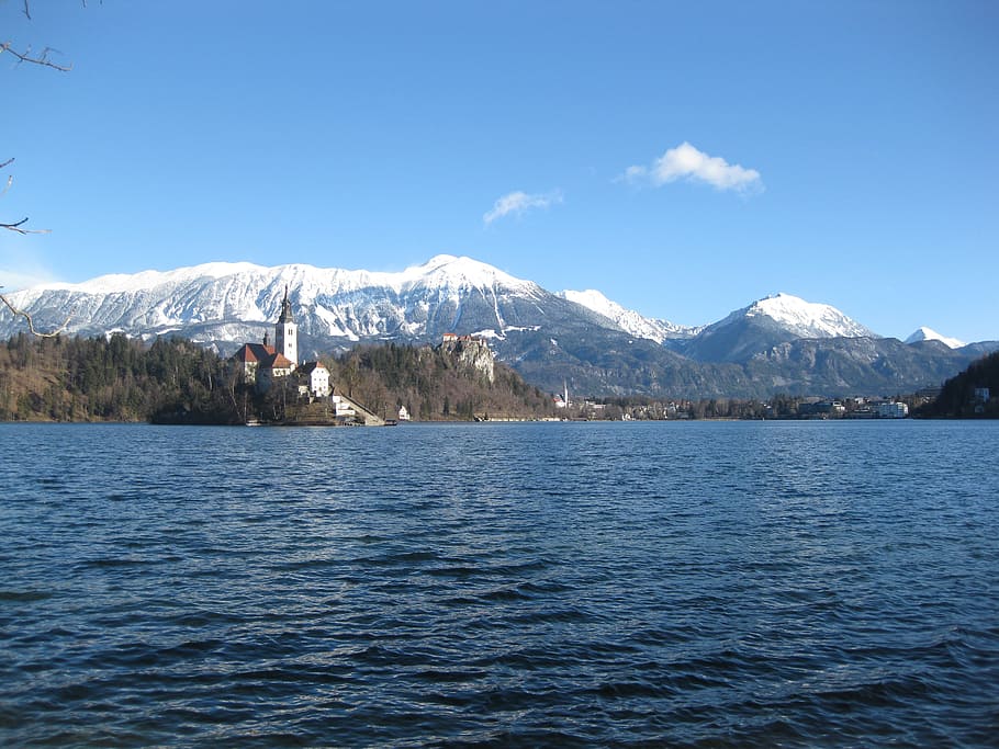 lake, mountains, castle, landscape, bled, slovenia, winter, water, mountain, scenics - nature