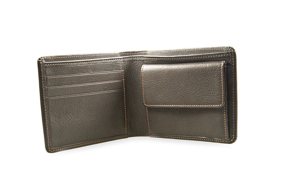 gray, leather bifold wallet, purse, leather, wallet, money, pay, men's wallet, man purse, leather goods