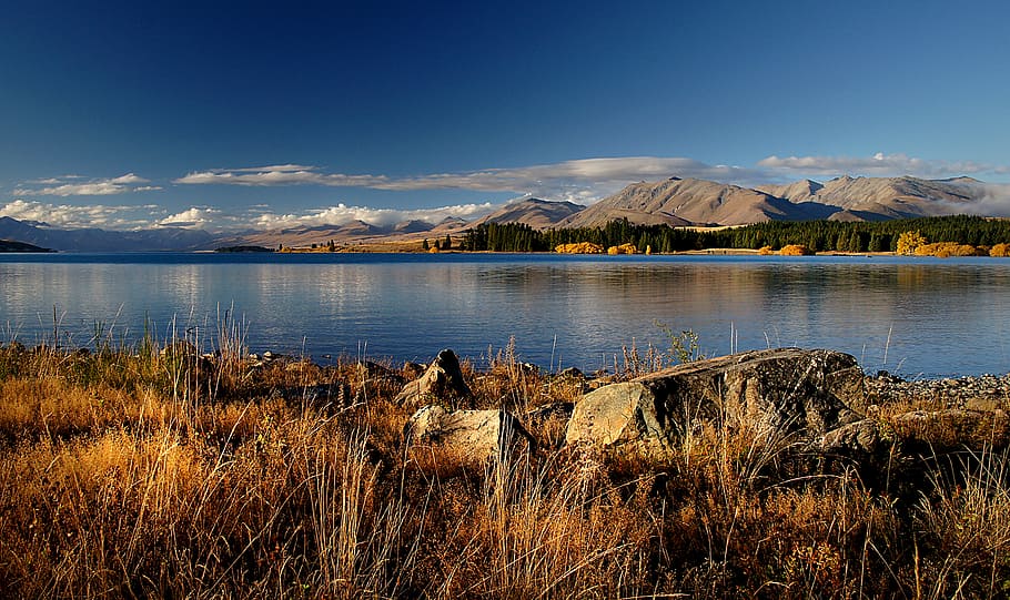 Lake Tekapo, NZ, river, mountain, trees, daytime, water, sky, lake, scenics - nature