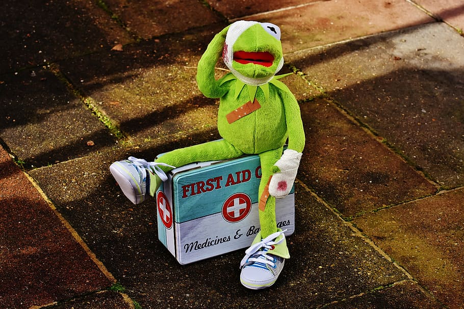 sesame street kermit, frog, kermit, first aid, injured, association, blood, funny, soft toy, toys