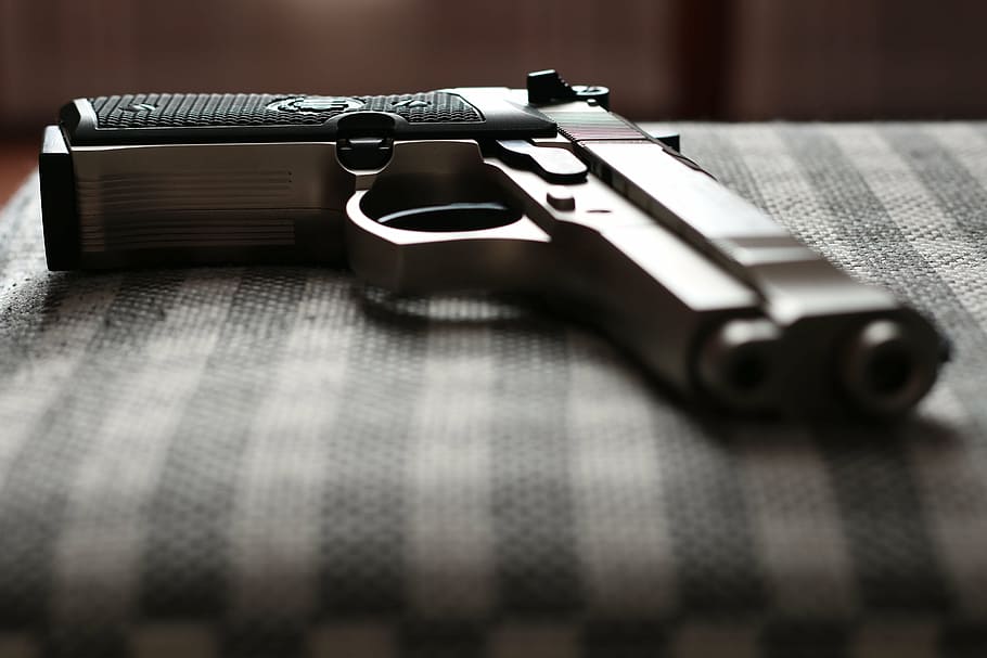 gun, weapons, army, weapon, selective focus, handgun, indoors, close-up, bullet, crime