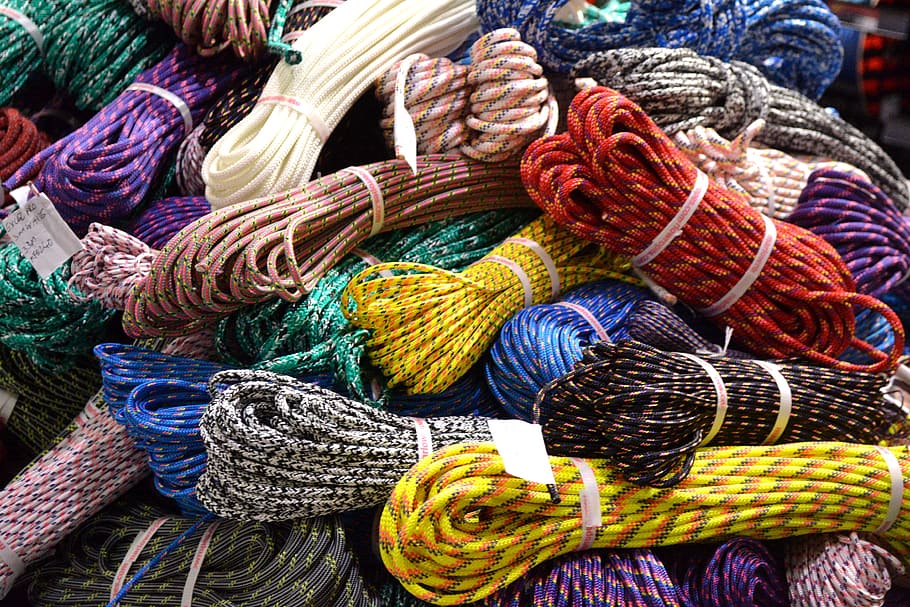 assorted laces, hawsers, ropes, cords, tightropes, climbing, climbing ropes, multi colored, full frame, wool