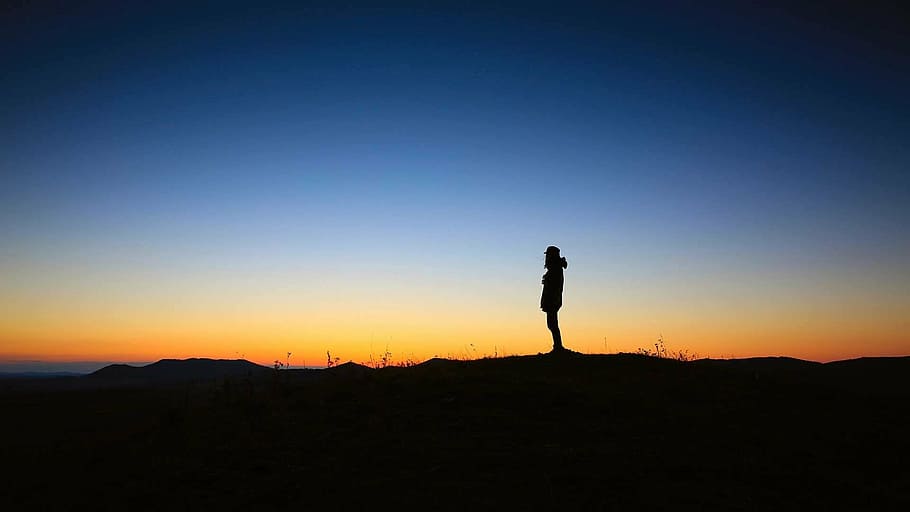 silhouette, person, standing, cliff, sunset, peace, solitude, calm, nature, stillness