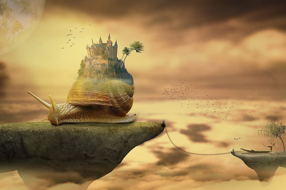 snail castle, floating, island, golden, hour, waters, travel, sunset, sea, dawn