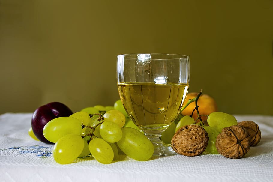 hijau, anggur, kenari, gelas anggur, masih hidup, buah, memancing, prem, pohon zaitun, kayu zaitun