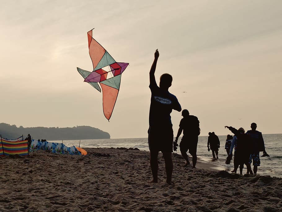 man, playing, kite, seashore, boy, child, beach, sea, the baltic sea, evening