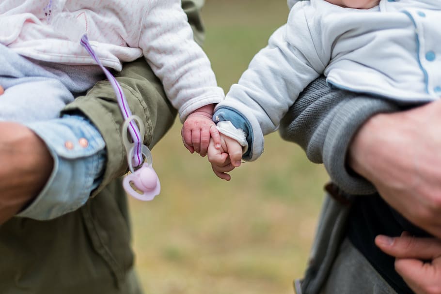 two, babies, holding, others hands, kids, parents, husband, child, baby, infant