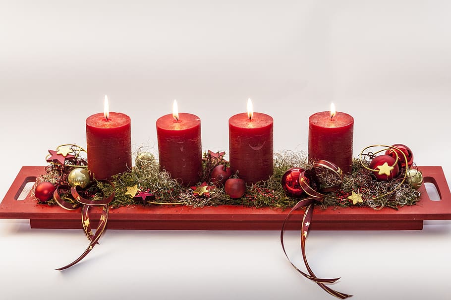 lighted pillar candle, advent, fourth candle, before christmas, light, candle, decoration, christmas, flame, celebration