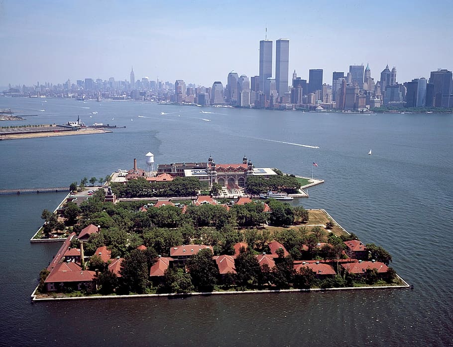 aerial, new, york city, ellis island, new york city, skyline, urban, bay, harbor, landmark