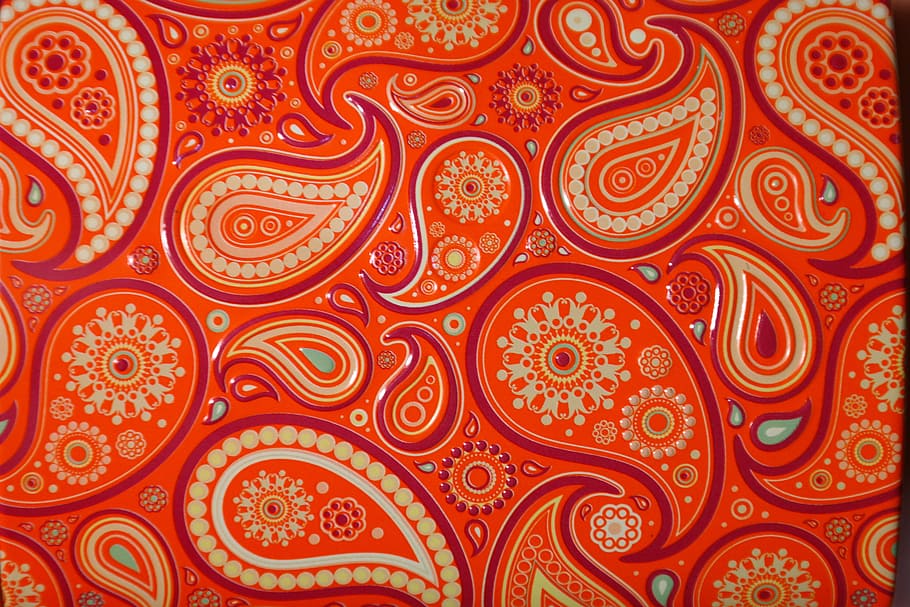 naranja, blanco, patrón de Paisley, patrón, rojo, amarillo, adorno, adornos, metálico, colorido