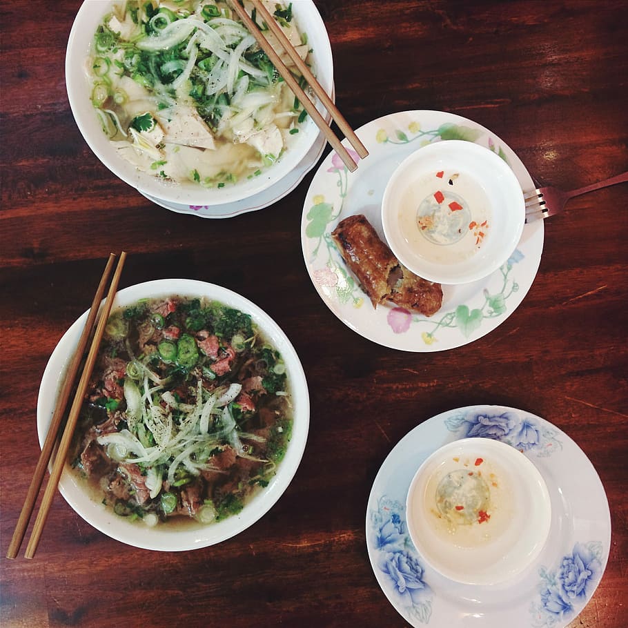 pho bo, pho ga, restoran, Pho, Bo, Ga in, sup, lumpia, tampilan atas, Vietnam