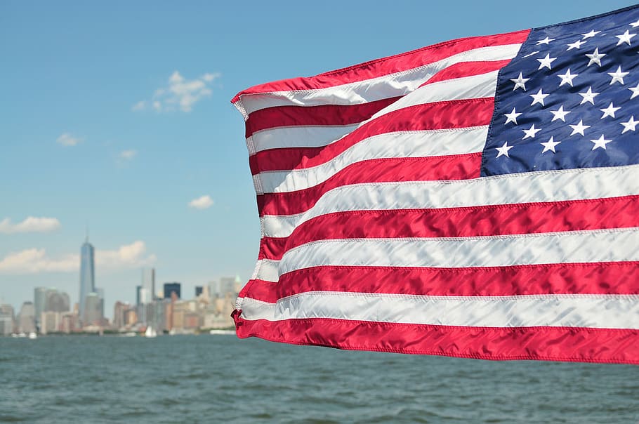 flag, america, waving, water, city, new york, skyline, patriotic, independence, us flag