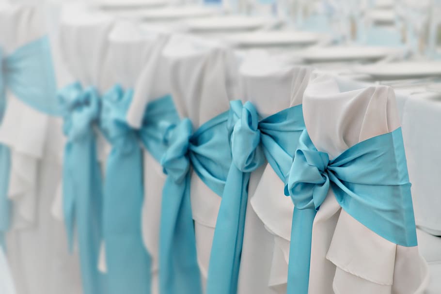 blue ribbons, wedding, ornament, decoration, chair, chair skirt, blue, white, bow, showdown