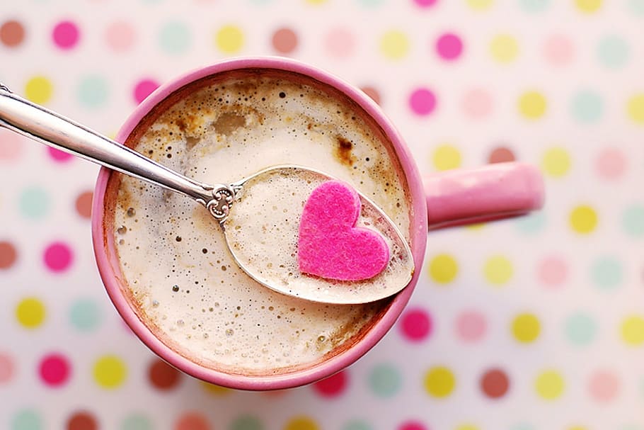 cappuccino, pink, mug, hot chocolate, heart, beverage, spoon polka dots, colors, pink heart, cocoa