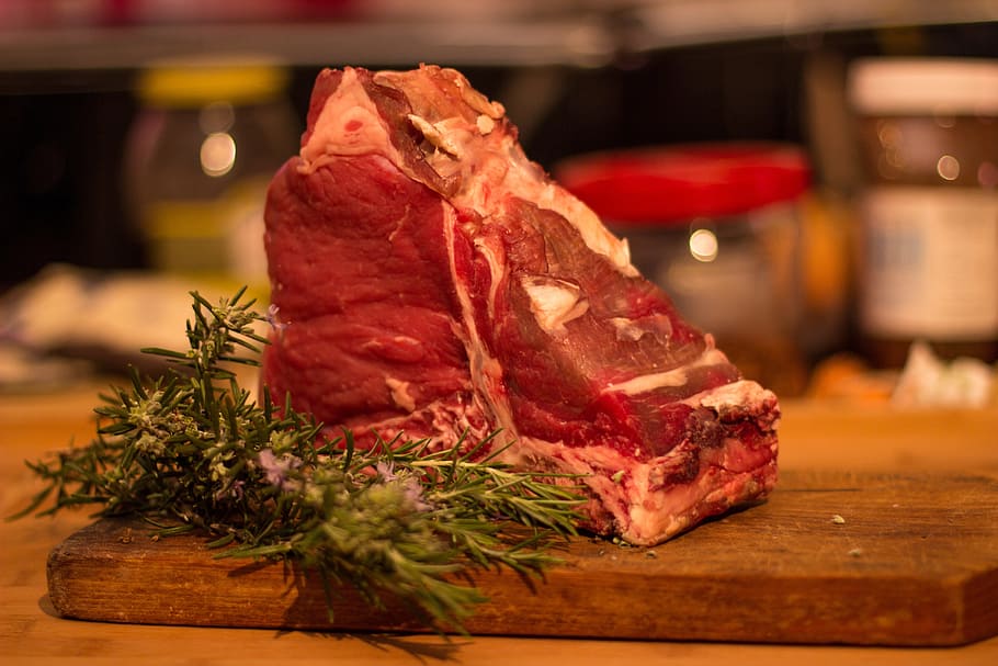 meat cutlet, cutting, board, steak, rib, wood, rosemary, fiorentina, kitchen, barbeque