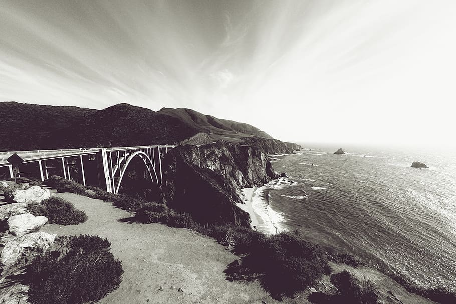 grayscale photo, concrete, bridge, connecting, two, mountains, body, water, california, bixby bridge