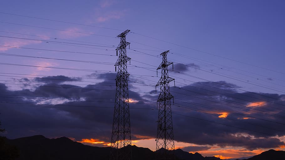 two transmission towers, electrical, wires, grid, power, powerlines, sky, sunset, sunrise, dawn