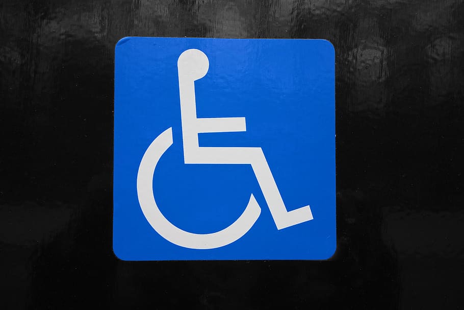wheelchair, disabled, invalid, pictograph, sign, icon, door, blue, white, differing abilities