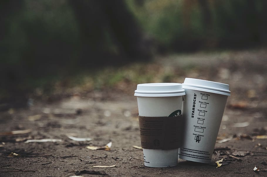 shallow, focus photography, two, coffee cups, outdoor, nature, leaf, fall, dark, blur