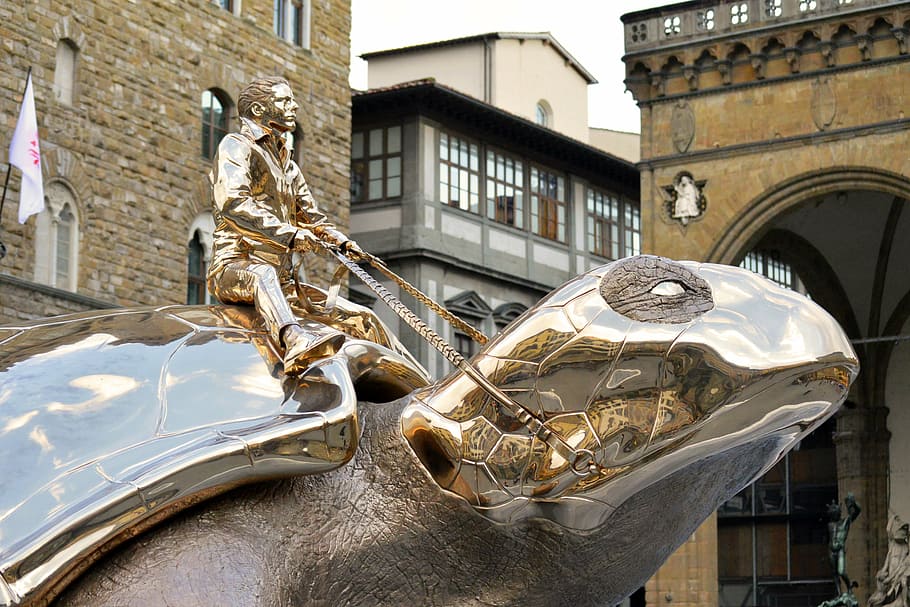 男, 乗馬, 亀の像, 巨人, カメ, ゴールド, 光沢のある, クロム, ジャンファブレ, フィレンツェ