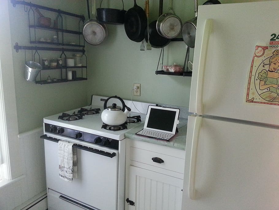 putih, komputer tablet, kisaran gas, berdampingan, lemari es, dapur, ipad, kompor, kuno, pot