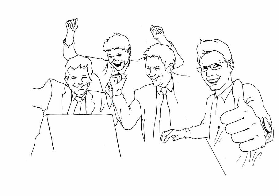 quatro, homens linha ilustração, contador, programador, caras, alegria, meninos, vitória, trabalho, escritório