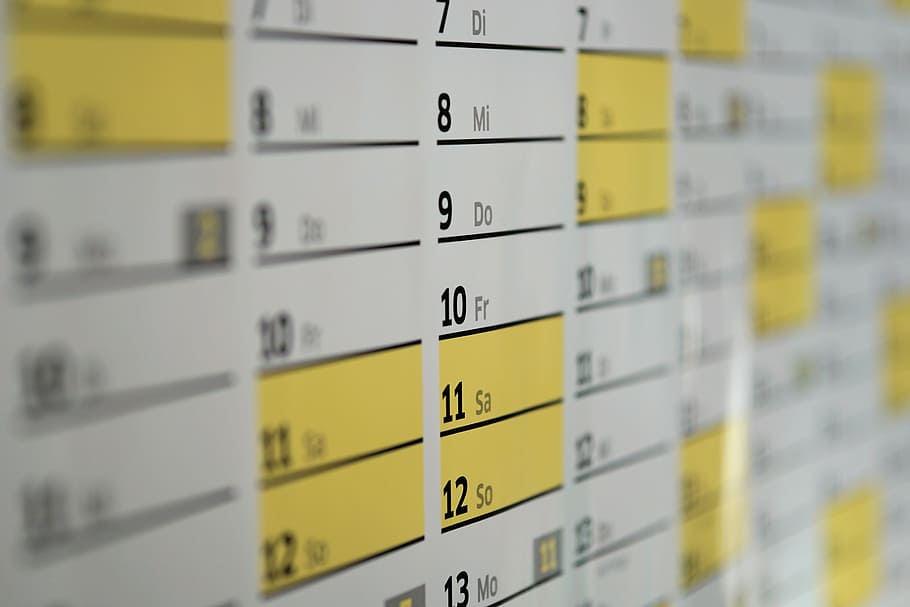 foto, branco, amarelo, preto, calendário, calendário de parede, dias, data, ano, hora