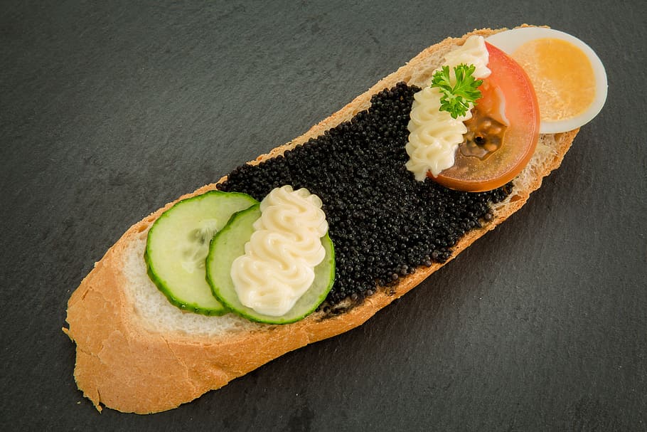caviar, egg, roll, bread, eat, sandwich, snack, finger food, party, catering