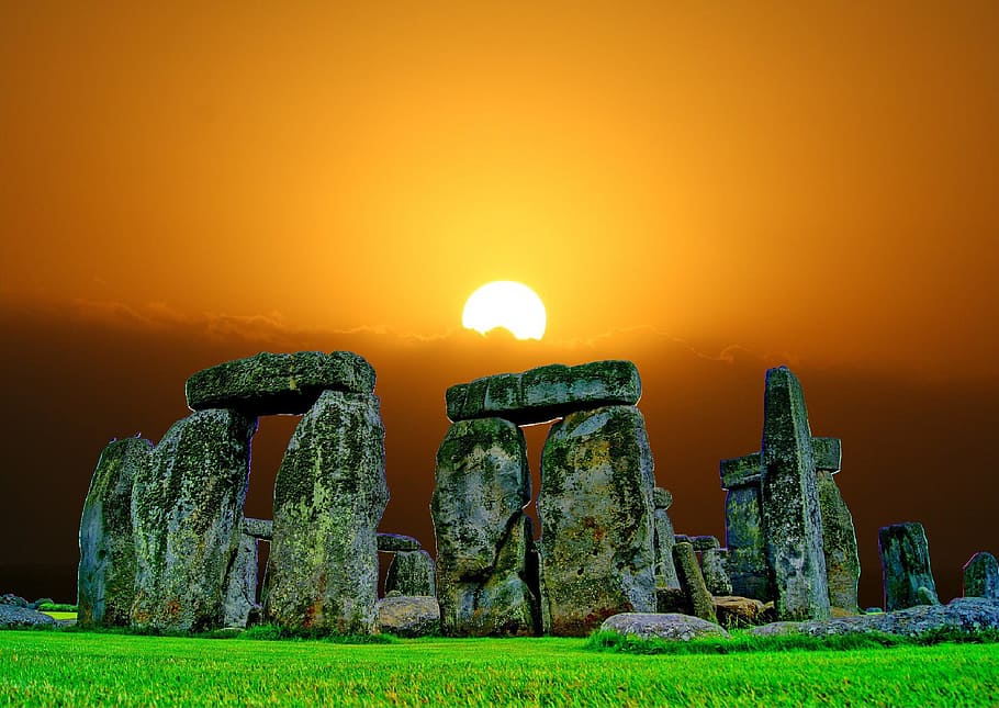 Stonehenge, Sunset, Stone, Ruin, Sun, mood, evening, orange, rock, pillar