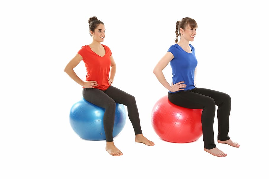 two, women, sitting, exercise balls, woman, force, sport, attractive, brunette, bands