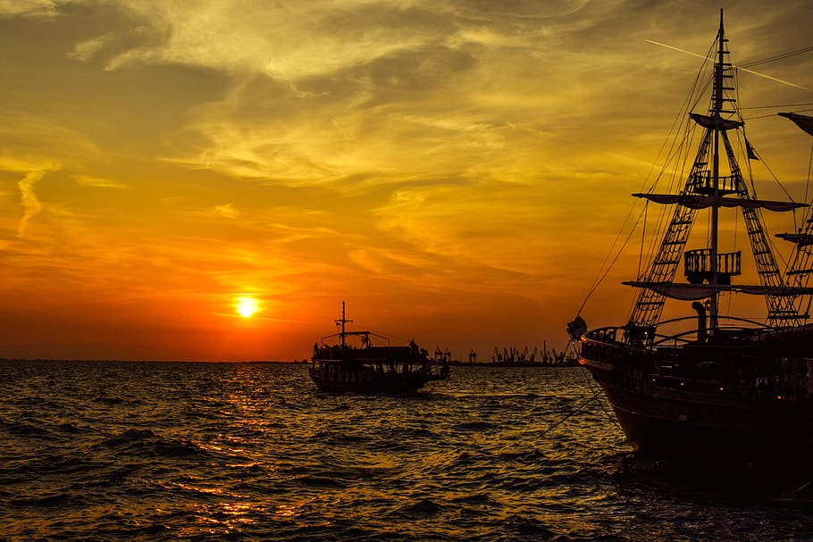 sunset, port, ship, boat, sky, clouds, orange, dusk, afternoon, shadows