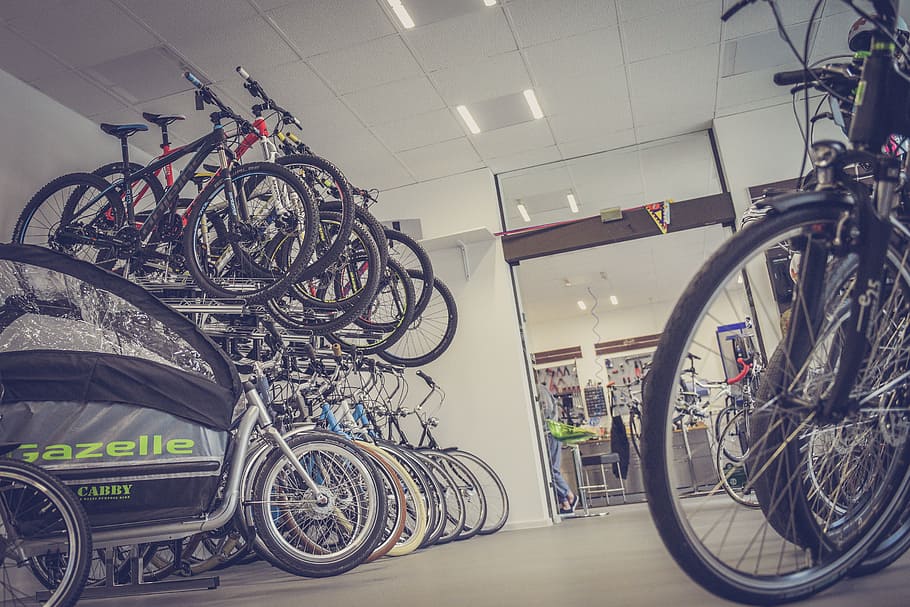 low-angle photo, bicycles, bikes, shop, spokes, store, wheels, bicycle, transportation, bicycle shop