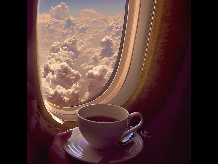 white, ceramic, mug, airlplane window, coffee, air, sky, window, cup, drink