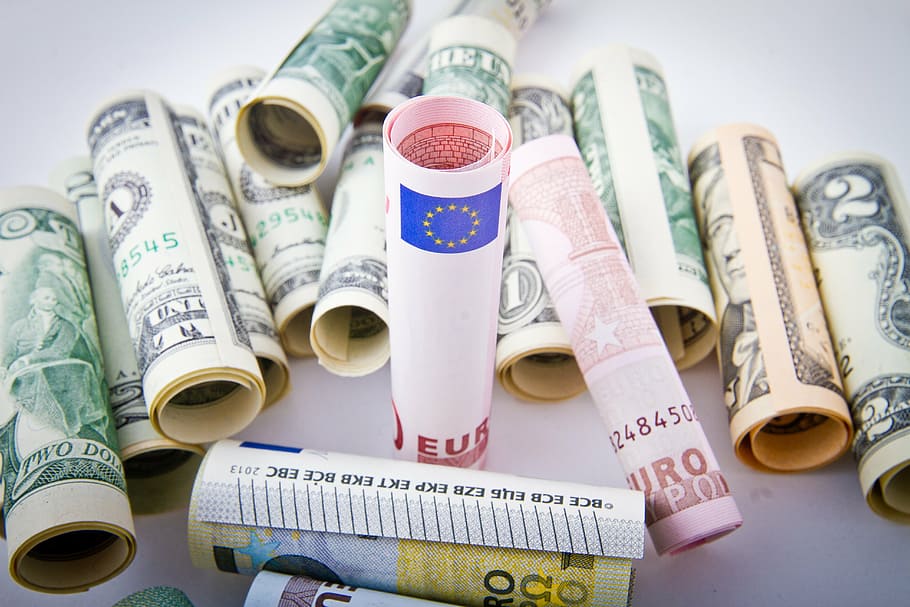 notas roladas, dólar, euro, moeda, união europeia, crise, verde, negócios, banco, papel