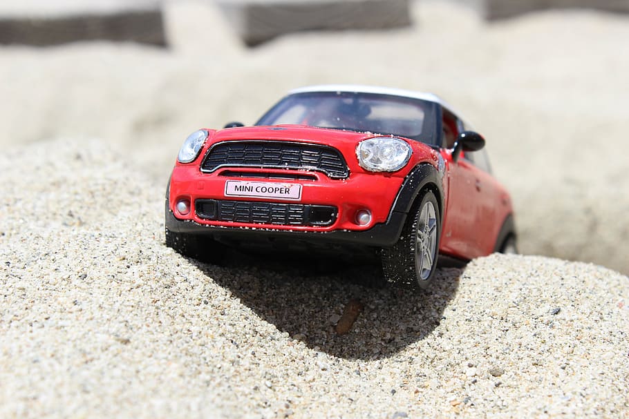 red, mini cooper scale model, selective, focal, toy, car, mini cooper, beach, mini, land Vehicle