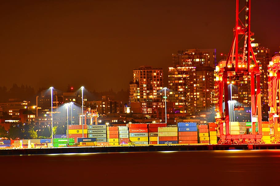 ship port, transportation, maritime, seaport, night, container port, shipping, international, sundown, sunset