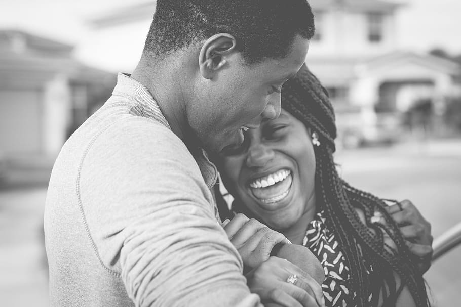 grayscale photo, man, hugging, woman, laughing, black and white, people, couple, happy, smile