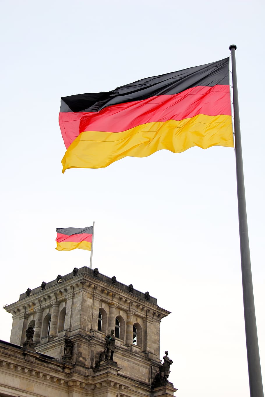 yellow, red, black, flag, berlin, germany, flutter, reichstag, capital, building