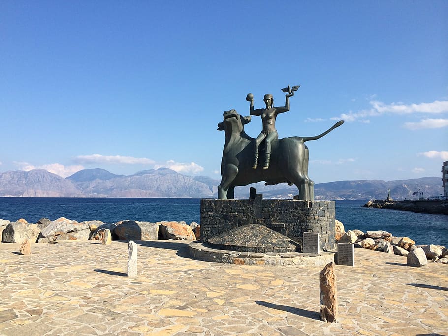 summer holiday, crete, statue, greece, antiquity, zeus, europe, sky, sculpture, water
