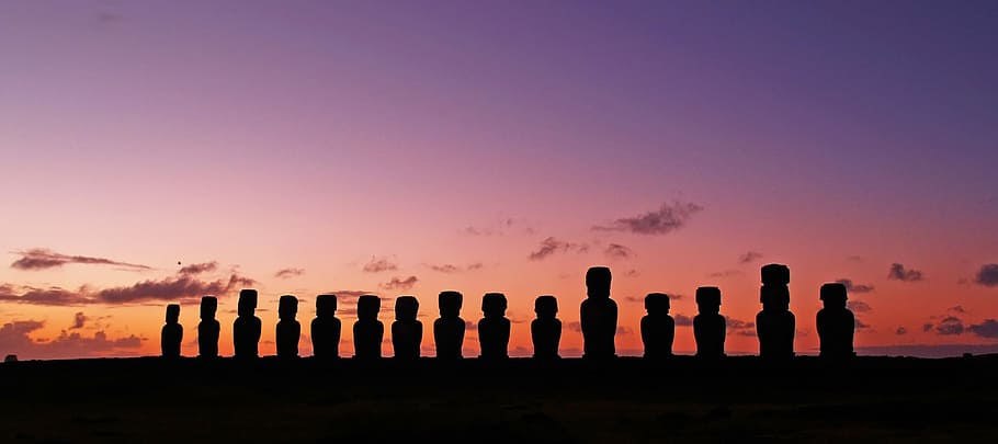 panoramic, moai statues, golden, hour, chile, easter island, rapa nui, moai, travel, sunset