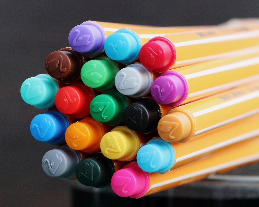 kempa ujung pena, warna-warni, warna, menggambar, cat, alat tulis, perangkat karakter, pergi, spidol, pensil warna