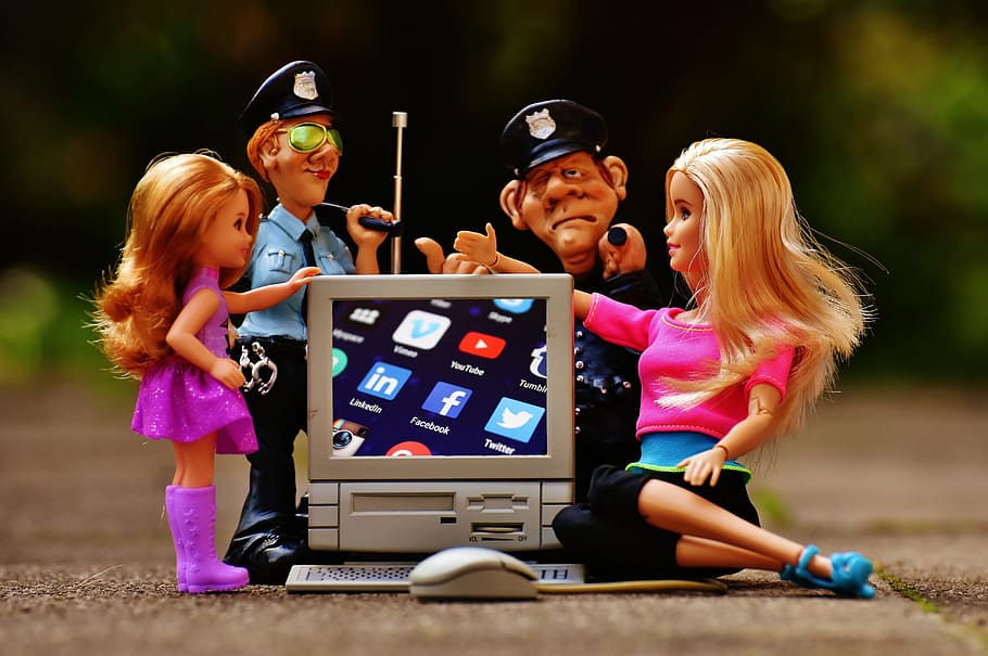 four, dolls, computer toy, social media, internet, security, police, children, social networking, social