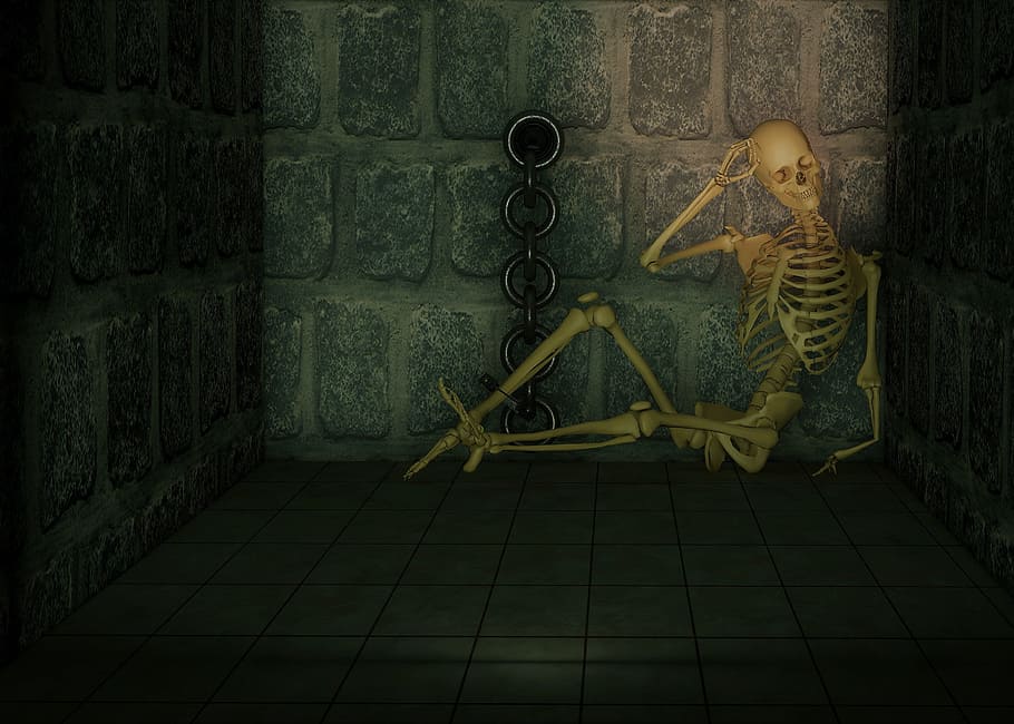 skeleton, laying, inside, cell illustration, dungeon, chains, chained, backed up, caught, sit